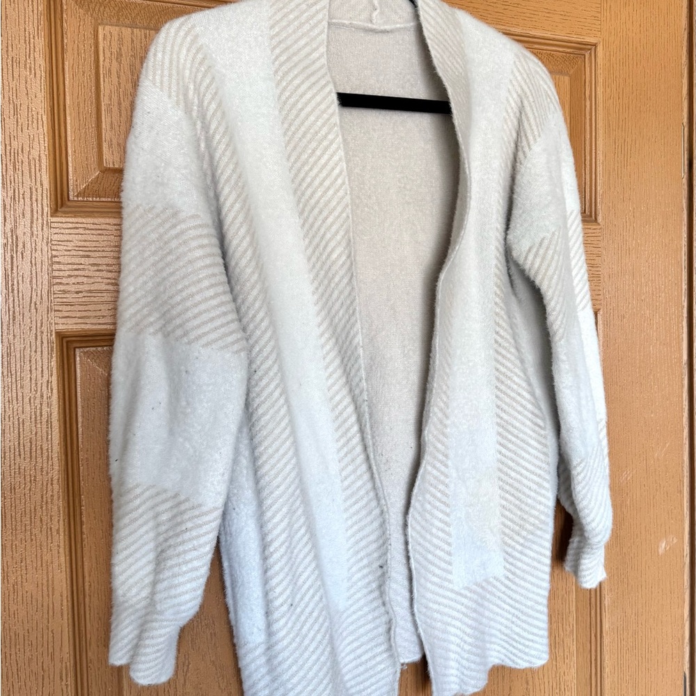 SHEIN Cream Open-Front Ribbed Stripe Cardigan